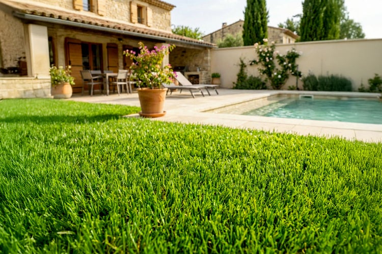 Gepflegter Rasen im Vordergrund vor einer mediterranen Steinvilla mit Pool Terrasse und Gartenmöbeln bei sonnigem Wetter.