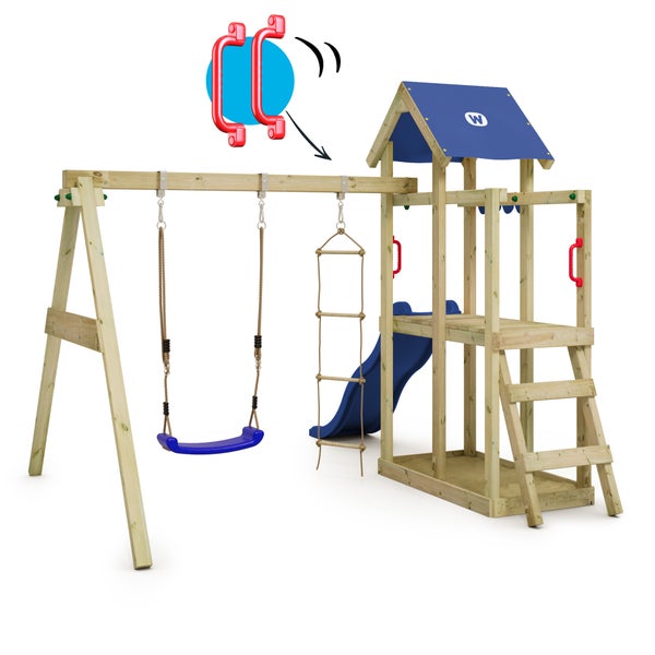 WICKEY Spielturm Klettergerüst TinyPlace mit Schaukel und Rutsche, Kletterturm mit Sandkasten, Leiter und Spiel-Zubehör - blau