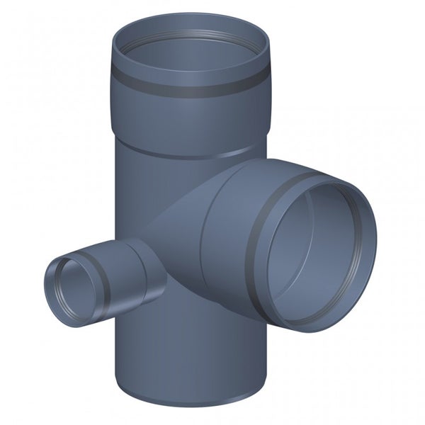 HT-Abzweig aus grauem Kunststoff für Abflussrohre mit zwei seitlichen Anschlüssen in verschiedenen Größen.