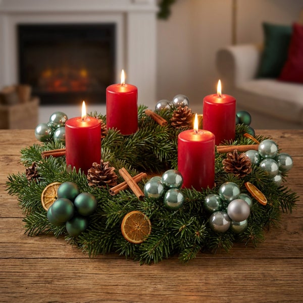 Adventskranz aus Tannenzweigen mit vier brennenden Stumpenkerzen, geschmückt mit Weihnachtskugeln, Tannenzapfen, Zimtstangen und Orangenscheiben.