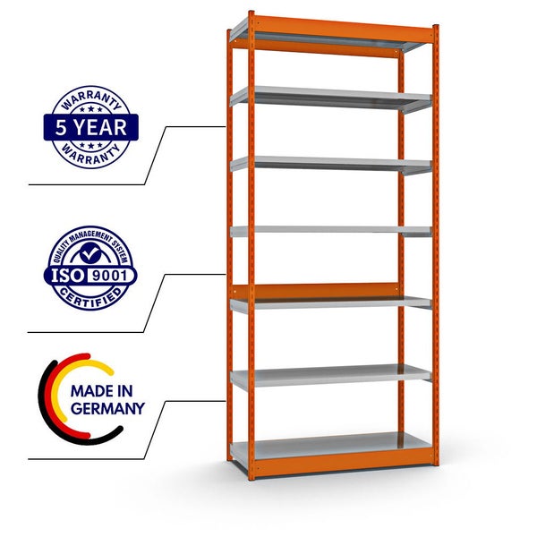 PROREGAL Fachbodenregal Stecksystem Vierkant-Profil Grundregal HxBxT 300 x 132,5 x 50 cm 7 Ebenen Einseitige Bauart Fachlast 200 kg Orange
