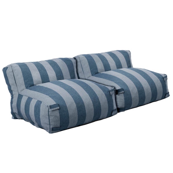 Zweisitziges gestreiftes Outdoor Lounge Sofa aus Stoff mit seitlichen Schlaufen.