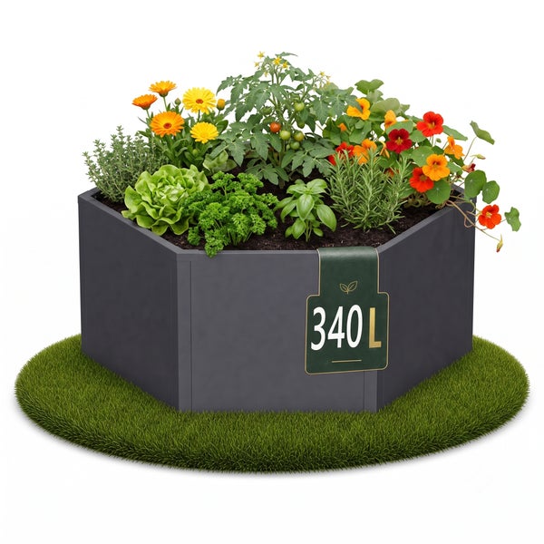 Sechseckiges Hochbeet aus Metall in Anthrazit, bepflanzt mit Kräutern, Gemüse und Blumen, mit einem Fassungsvermögen von 340 Litern.