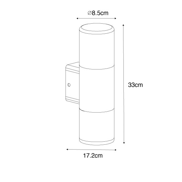 Technische Zeichnung einer zylindrischen Wandleuchte mit Maßen: Höhe 33 Zentimeter, Durchmesser 8,5 Zentimeter, Tiefe 17,2 Zentimeter.