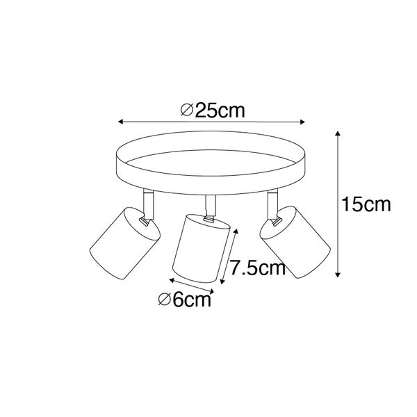 Abbildung einer Deckenleuchte mit drei Strahlern und Maßangaben