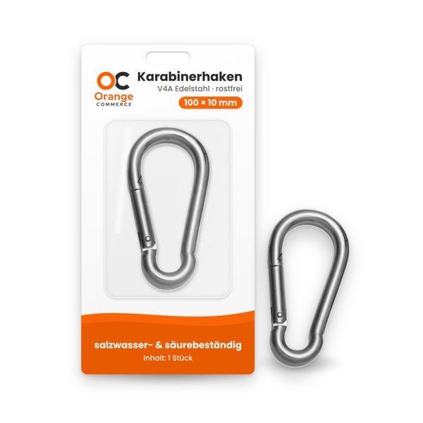 Karabinerhaken aus rostfreiem V4A Edelstahl, 100 mal 10 Millimeter, salzwasser- und säurebeständig, in Verpackung von Orange Commerce Logo