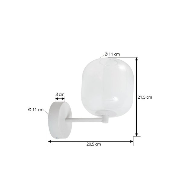 Weiße Wandleuchte mit Glasschirm und Maßen: Höhe 21,5 Zentimeter, Breite 20,5 Zentimeter, Sockeldurchmesser 11 Zentimeter.