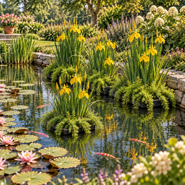 Gartenteich mit blühenden gelben Schwertlilien auf Schwimminseln, Seerosen und Koi Karpfen in einer grünen, gepflegten Gartenanlage.