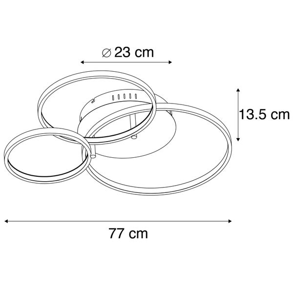 Technische Zeichnung der Deckenleuchte mit drei Ringen und den Maßen 23 Zentimeter Durchmesser, 13,5 Zentimeter Höhe und 77 Zentimeter Länge