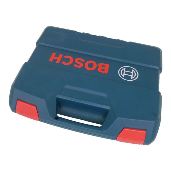 Blauer Bosch Werkzeugkoffer aus Kunststoff mit integriertem Tragegriff, roten Verschlüssen und Bosch Logo.