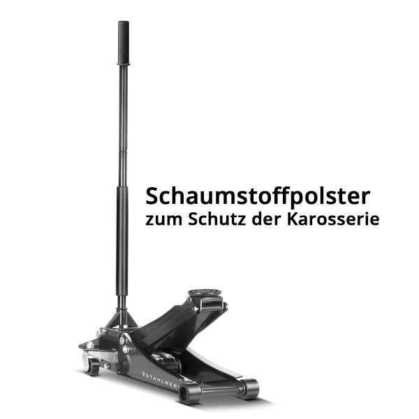 Stahlwerk Wagenheber mit Schaumstoffpolster am Hebel zum Schutz der Karosserie.