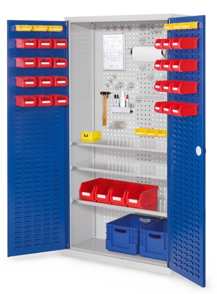Werkstattschrank mit Regalböden, Werkzeughalterungen und Sichtlagerkästen