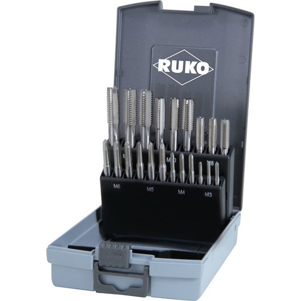 Ruko Handgewindebohrer-Satz in Kunststoffkassette, mehrteilig, aus Metall, für metrische Gewinde M3 bis M12.