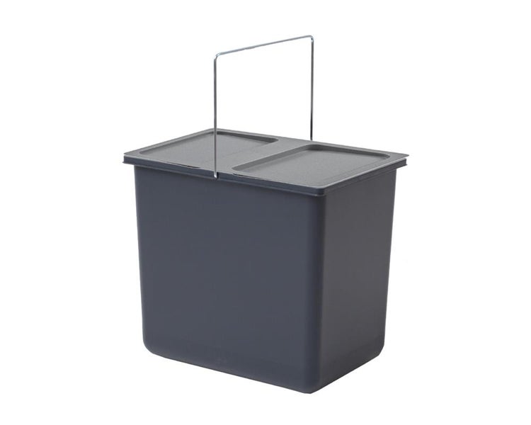 Dunkelgrauer Abfallbehälter aus Kunststoff mit passendem Deckel und einem dünnen Metallbügel zum Tragen.