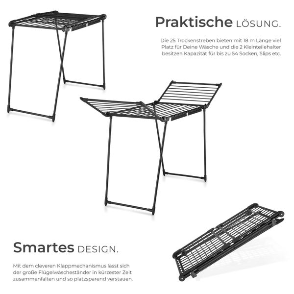 Drei Ansichten eines schwarzen Wäscheständers, einmal aufgebaut, einmal mit ausgeklappten Flügeln und einmal zusammengeklappt