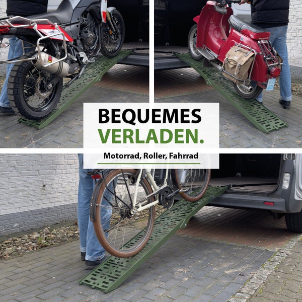 Metall Auffahrrampe zum Verladen von Motorrad, Roller und Fahrrad in einen Transporter.