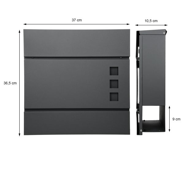 ECD Germany Briefkasten in Anthrazit mit Zeitungsfach, Schloss und 2 Schlüsseln, inkl. Montagematerial, 37x10,5x36,5 cm, Stahl, Moderner Design Wandbriefkasten, Postkasten, Mailbox mit Zeitungsrolle