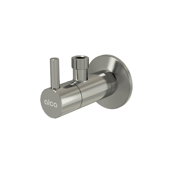 Eckventil Alca aus Metall mit zylindrischem Gehäuse, runder Wandrosette und Alca Logo.