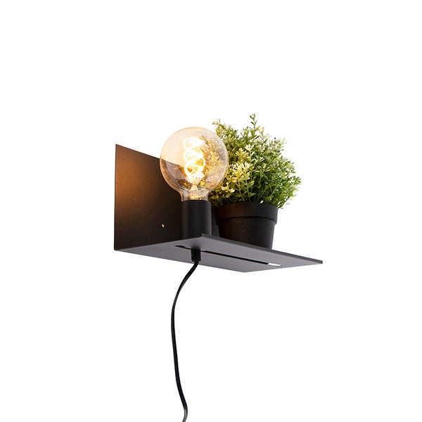 Schwarze Wandleuchte mit Glühbirne und Pflanze