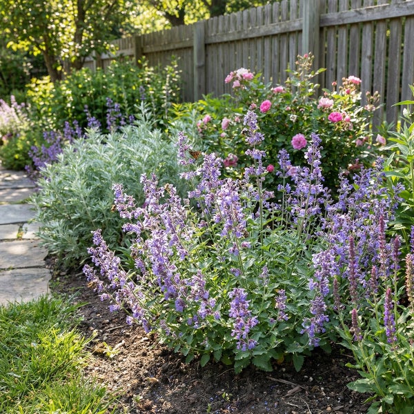 Sonniger Gartenweg aus Steinplatten gesäumt von violetter Katzenminze, rosa Rosen und silbrigen Stauden vor einem hölzernen Gartenzaun.