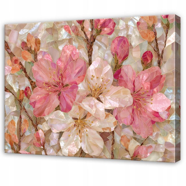 Wandbild mit Kirschblüten Motiv im Mosaik Stil auf Leinwand