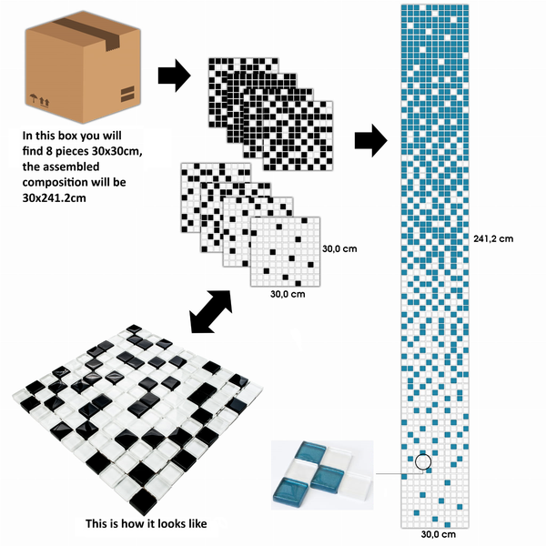 Darstellung eines Mosaikfliesen Sets mit acht Teilen in den Maßen 30 mal 30 cm, aus denen sich ein Muster von 30 mal 241,2 cm zusammensetzen lässt.