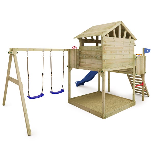 WICKEY Spielturm Klettergerüst Smart Peak mit Schaukel und Rutsche, Stelzenhaus mit Sandkasten, Kletterleiter und Spiel-Zubehör - blau