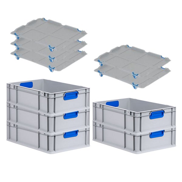 PROREGAL Spar Set 5x Eurobox Nextgen Color Mit Auflagedeckel & Schiebeschnappverschlüsse HxBxT 17 x 40 x 60 cm Griffe Blau Geschlossen Glatter Boden