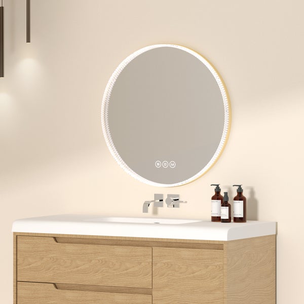 EMKE Badezimmerspiegel LED rund ф60 cm, 3 Lichtfarben, Touch & Memory-Funktion, Dimmbar, Antibeschlag, Acrylrahmen mit goldenem Rand, für Badezimmer