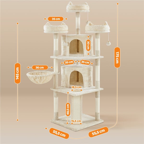 Kratzbaum mit mehreren Ebenen, Höhlen und Liegeflächen mit Größenangaben