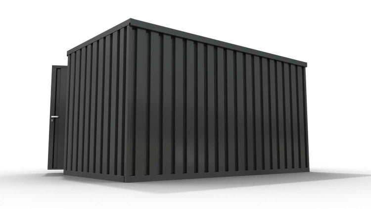 Lagercontainer Gerätehaus XL+  – 10 qm, H2532 x B5080 x T2170 mm, Außenwandlackierung anthrazit, Dach außen verzinkt, mit Holzfußboden, 1830 mm Doppelflügeltür mittig in Breitseite, Erfolgt fertig montiert