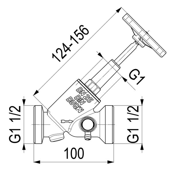 Technische Zeichnung eines Schrägsitzventils mit Handrad, DN 25, Anschlussgewinde G 1 1/2, Baulänge 100 Millimeter, DVGW geprüft.