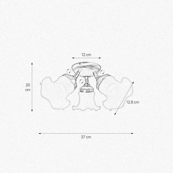 Technische Zeichnung einer Deckenleuchte mit drei Leuchten und Maßangaben