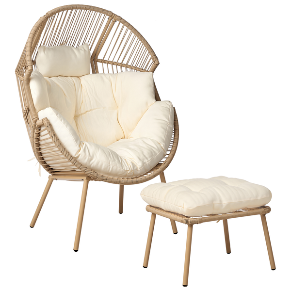 Gartensessel mit Hocker PE Rattan naturfarben Auflagen cremeweiß MURANO