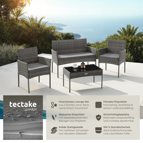Rattan Gartenset tectake Palese Sofa 250 kg, je Sessel 120 kg für 4 Personen grau