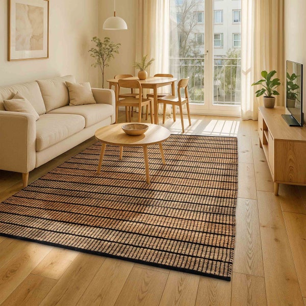 Rechteckiger Teppich mit Streifenmuster in einem hellen, modernen Wohnzimmer mit Holzmöbeln und Polstersofa auf Laminatboden.