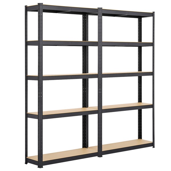 Schwerlastregal mit schwarzem Metallgestell und fünf Holzböden pro Feld, Doppelregal-Konstruktion.