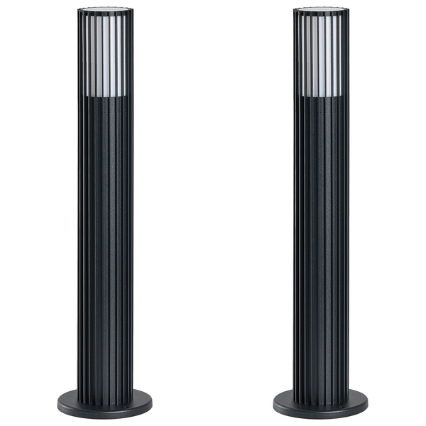 Zwei moderne, schwarze Pollerleuchten für den Außenbereich mit geripptem Design und weißem Diffusor.