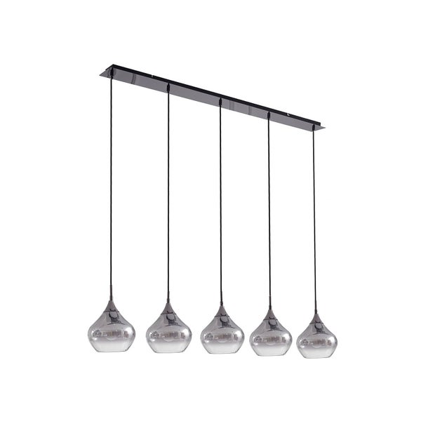 Fünfflammige Pendelleuchte mit tropfenförmigen Schirmen aus Rauchglas und schwarzer rechteckiger Deckenhalterung.