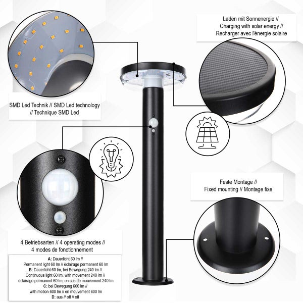 Solar Wegeleuchte Piran 80 cm schwarz 600 lm Bewegungsmelder + Dauerlicht 11023