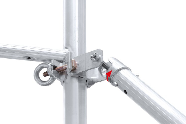 Detailansicht eines Gerüstbauteils mit Schrauben und Verbindungen