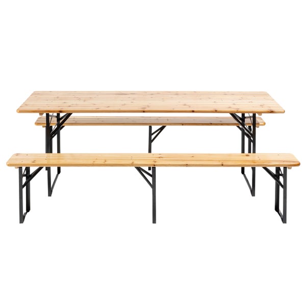 Bierzeltgarnitur dreiteilig bestehend aus einem Tisch und zwei Bänken aus Holz mit schwarzen Metallbeinen.