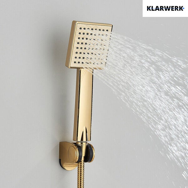 Klarwerk Handbrause quadratisch in Metalloptik an Wandhalterung mit Wasserstrahl