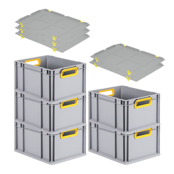 PROREGAL Spar Set 5x Eurobox Nextgen Color Mit Auflagedeckel & Schiebeschnappverschlüsse HxBxT 22 x 30 x 40 cm Griffe Gelb Offen Glatter Boden