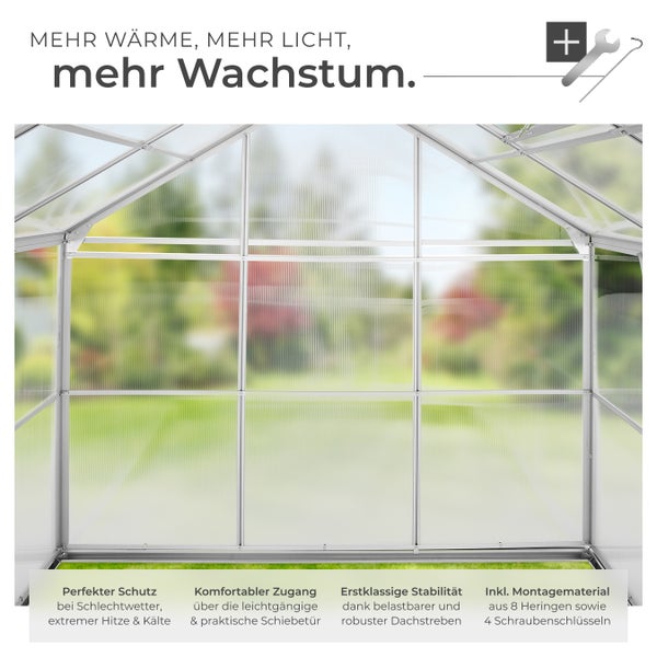 Nahaufnahme eines Gewächshauses mit Fokus auf Rahmen, Paneelen und Montagezubehör