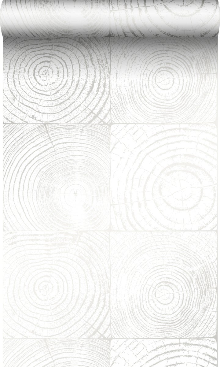Origin Wallcoverings Tapete Querschnitte von Baumstämmen Weiß und Silber - 53 cm x 10,05 m - 347543