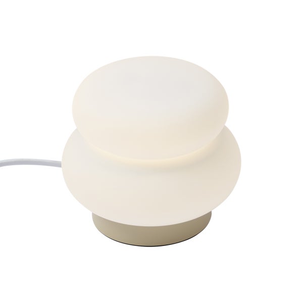 Moderne Tischleuchte aus Opalglas in Pilzform mit beigefarbenem Sockel.
