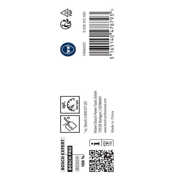 Papierverpackungssymbol, Augenschutzsymbol, Barcode, Herstellerinformationen und Produktdetails.