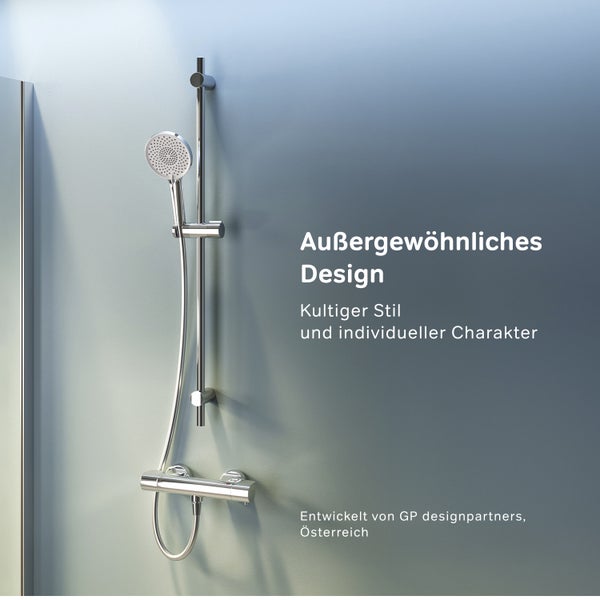 Duschsystem mit Handbrause, Duschstange und Thermostatarmatur, modernes Design entwickelt von GP designpartners Österreich.