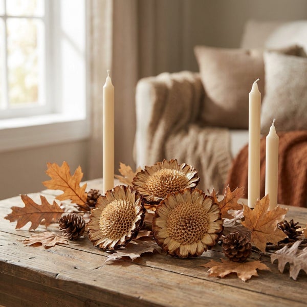 Herbstliche Tischdekoration mit Stabkerzen, getrockneten Blüten und Tannenzapfen auf einem Holztisch in einem gemütlichen Wohnraum.